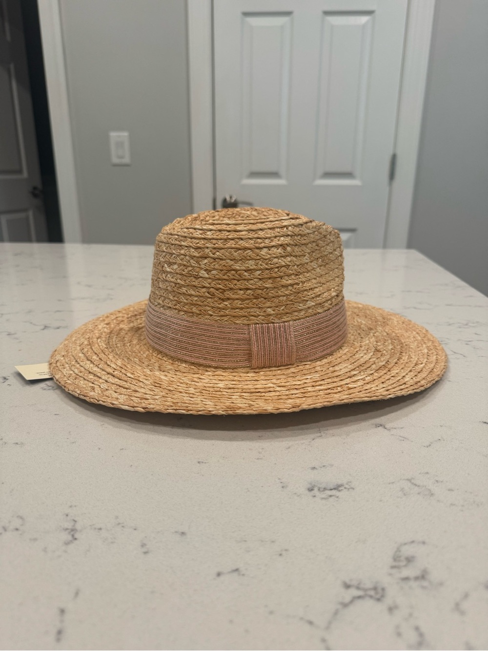 NWT Hat Attack Natural Straw Fedora Sun Hat with Pink Ribbon Band
